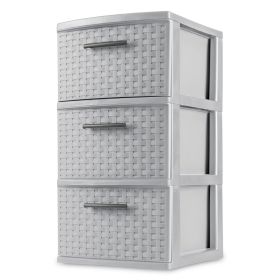 3 Drawer Weave Tower, Plastic Decor Drawers with Pull Handles, Gray