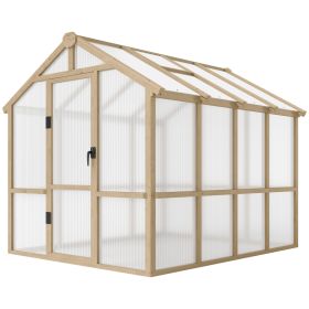 6.6 X 8 Ft. Polycarbonate Greenhouse Wooden Walk-in Greenhouse Kit With Thickened Panels, Roof Vent, And Lockable Door (Option: Natural wood color)